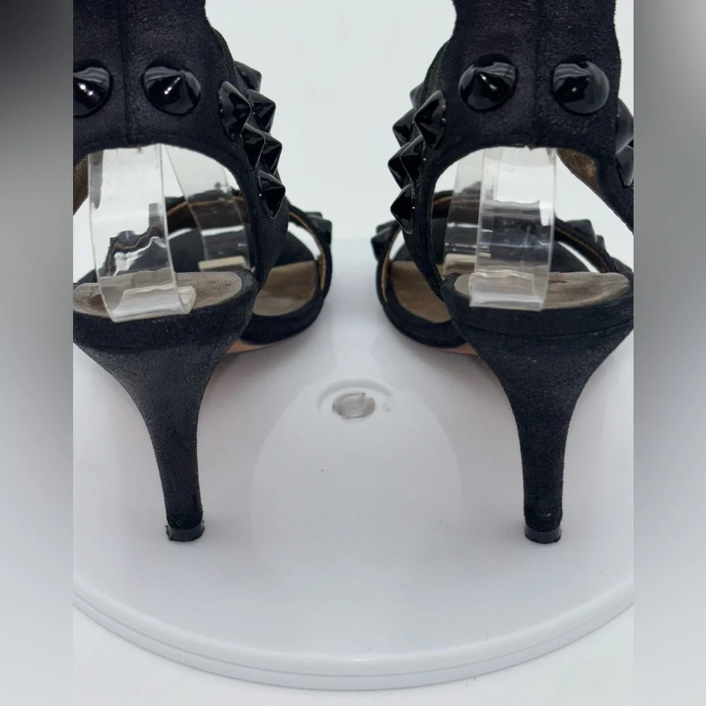 CYNTHIA VINCENT Black Strappy Heel Shoe Studded Hook Loop Sexy Ankle Wedding 6.5